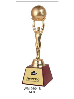 WM Customized Metal Globe Holding Trophy with Wooden Base, creative awards and gifts @ creativeawardsandgifts.in